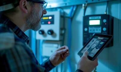 Smart meter, smart metering. A technician using an electric meter to Protective of the home's electrical system while holding up his tablet. 