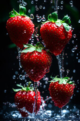 Ripe fresh strawberries in water, black background