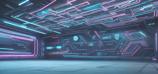 cyber futuristic sci-fi background, street floor studio for mock up. colored geometric.