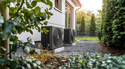 Heat pumps HVAC for efficient residential energy, green energy, energy 4.0. Residential Air Conditioning Unit Operating Efficiently in a Lush Backyard Setting