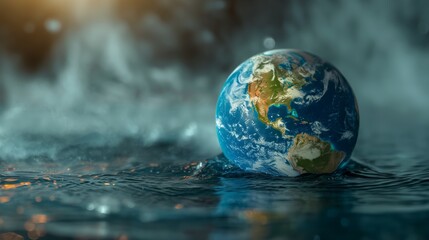 Global boiling, severity of extreme heat events. Planet Earth Submerged in Water, Conceptual Image Reflecting Climate Change and Rising Sea Levels
