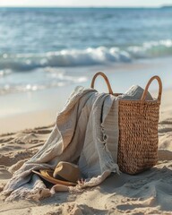 blanket and wicker bag by the ocean