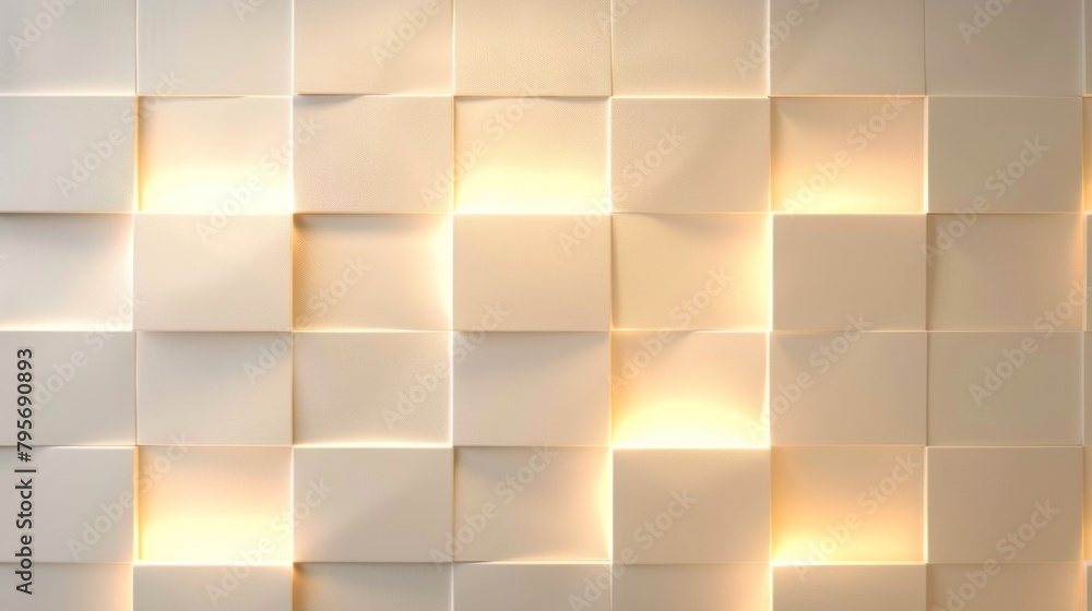 Poster a white wall with a pattern of squares and rectangles. the wall is lit up with a warm glow