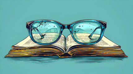 A simple depiction of a pair of glasses on a book