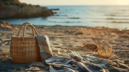 blanket and wicker bag by the ocean