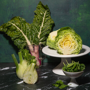 vegetables, green, produce, cabbage, fennel, spinach, chard, still life, side lit, vitamins, healthy, whole food, vegan, vegetarian, 