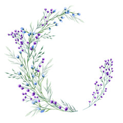 Purple, blue flowers and spikelet. Spring, summer green herbs. Wreath of meadow, forest wildflowers. Floral frame of blooming field plants. Watercolor illustration with copy space for text