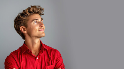 Obraz premium Side view candid of caucasian businessman in red shirt smile isolated