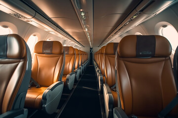 Inside an airplane with leather seats