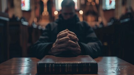 Praying hands with faith in religion and belief in God with Bible. - obrazy, fototapety, plakaty