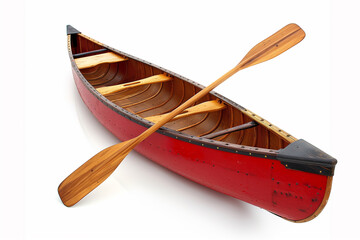 Red Canoe With Two Oars on White Background