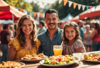 Happy family with food at an outdoor festival. Captures a joyful moment of culinary delight and togetherness.