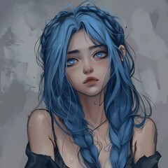 Illustration of blue hair beautiful girl anime manga