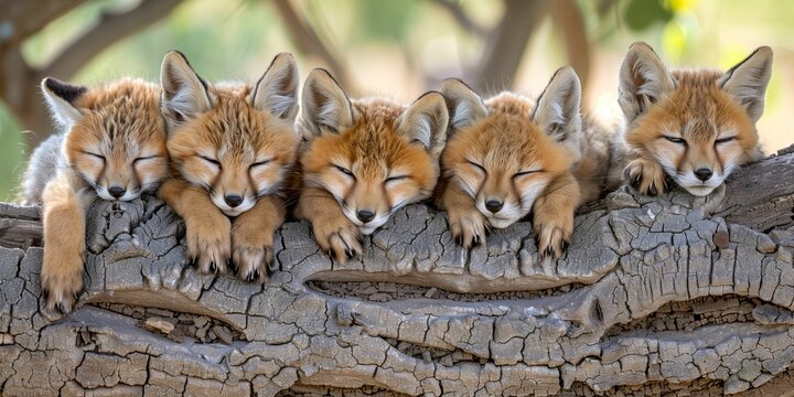 Five Fox Kits Curled Up Asleep on a Moss-Covered Log