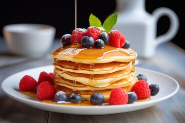Golden pancakes with a berry and syrup topping