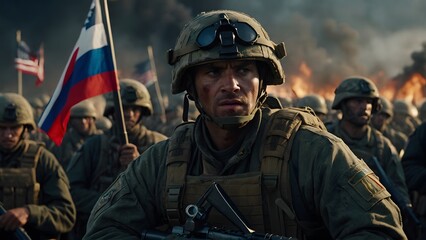 American soldier with flag in a war zone, intense expressions on the soldiers' faces, veterans day, soldiers in uniform