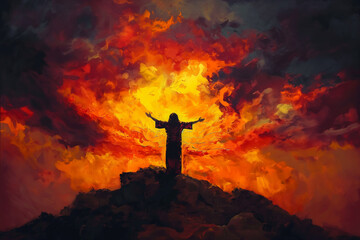An emotive portrayal of Jesus standing on a rocky hillside, silhouetted against the fiery hues of a dramatic sunset, his arms outstretched in prayer towards the heavens, symbolizin
