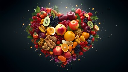 Heart made of fresh fruits and vegetables on black background. 3d illustration