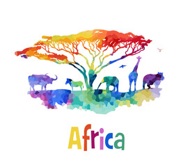 Welcome to Africa poster. Africa abstract animals colored silhouette. hand drawing. Not AI, Vector illustration