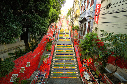 Rio de Janeiro, Brazil - April 17, 2024: Colorful Selaron Stairway, world-famous work of Chilean artist Jorge Selaron.