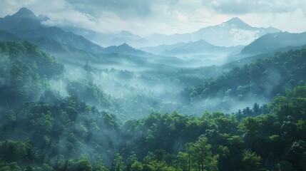 Obraz premium Mist-cloaked mountains and trees in a valley