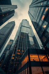 Naklejka premium Upward view of skyscrapers with glowing windows against a moody sky. Skyscrapers reaching into a brooding sky, embodying urban financial might