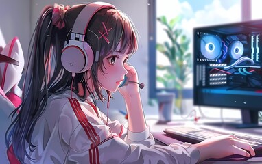 cute anime girl playing games with headset