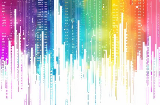 A background with rainbow colors and white lines representing data curves, binary code patterns, and circuitry designs against an abstract digital backdrop Generative AI