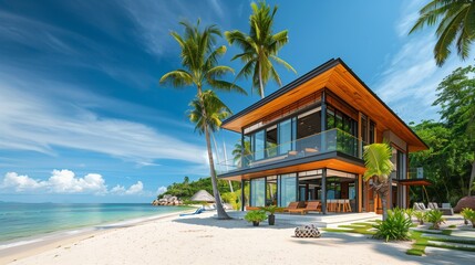 Luxurious Beachfront Villa in Tropical Setting, Clear Blue Sky, Palm Trees, Wide Open Windows