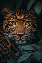 A close up of the face and eyes of an Amur leopard