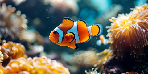 A Vibrant Orange Clownfish Swimming Amongst Colorful Coral in a Clear Reef - obrazy, fototapety, plakaty