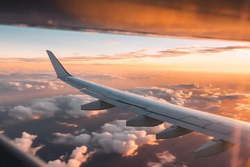 Naklejka premium Airplane is flying above the sunset or sunrise clouds, travel trip vacation