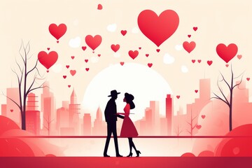 A man and a woman are standing in front of a city skyline. There are red heart-shaped balloons floating in the sky.