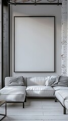A modern living room with a minimalist aesthetic, featuring white walls, a white couch, and a large picture on the wall.