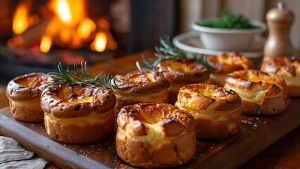 Golden Yorkshire puddings freshly baked by the fireplace perfect for Sunday roast. Concept Holiday Baking, Sunday Roast, Yorkshire Puddings, Fireplace Cooking, Golden Crust