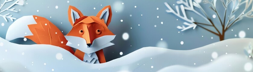 Fototapeta premium A curious papercut fox, its fur a warm orange paper scrap, peeks out from behind a papercut snowdrift, its bright eyes sparkling with winter wonder