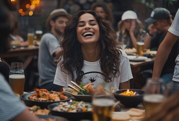 a woman smiling at a table with food