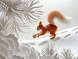 A mischievous papercut squirrel, its bushy tail a vibrant brown paper scrap, chases a papercut pinecone down a snowy hill, its tiny paper paws leaving playful tracks in the fresh powder