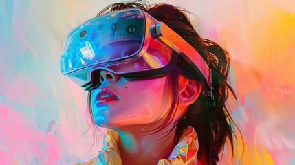 Illustration of asian woman looking in VR virtual reality goggles on color abstract background. Futuristic lifestyle. Theme of technology, AI, fantasy and playing people. Metaverse technology concept.