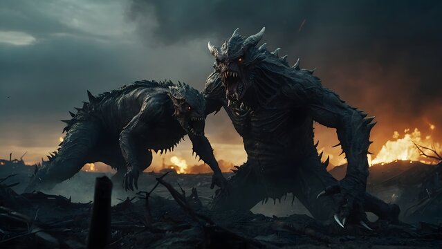 Two monster creatures fighting in a war zone, dark moody destructive theme, tyrannosaurus dinosaur 3d render