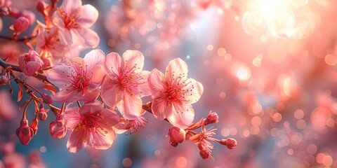 In the Japanese spring, cherry blossoms bloom, painting nature with delicate pink hues and soft light.