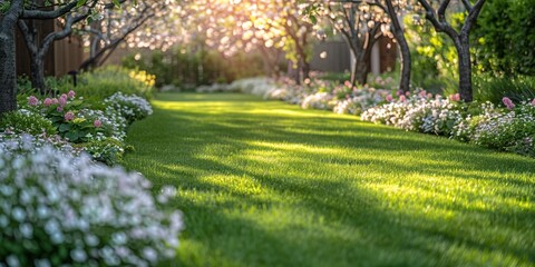 A peaceful, green lawn offers a fresh, lush backdrop for a summer garden, inviting relaxation.