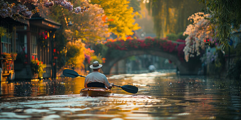 Amidst nature's beauty, people enjoy outdoor recreation on a tranquil lake, surrounded by vibrant foliage.