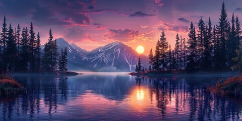 An idyllic scene unfolds: a serene purple lake nestled amidst majestic mountains, evoking tranquility and wonder.