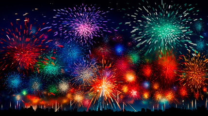Fototapeta premium Multi colored bright fireworks in the dark night sky over the city.