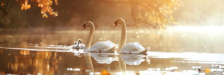 A pair of swans with their cygnets glide serenely on a pond, their reflections a soft dance of light and shadow, kawaii, bright water color - obrazy, fototapety, plakaty