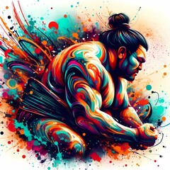 illustration of A Sumo with splashes of paint surrounding, it creates a sense of movement