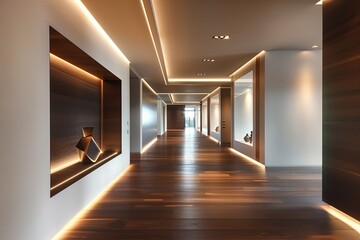 Modern hallway with sleek, dark wood floors contrasted against crisp, white walls and a striking, geometric ceiling design.