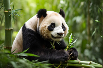 Fototapeta premium A panda eating bamboo in a forest.
