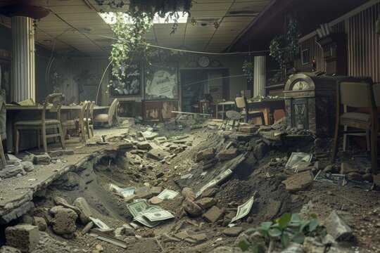 Rubble and overgrowth in space with scattered dollar bills post-catastrophe, bankruptcy concept, failure, insolvency